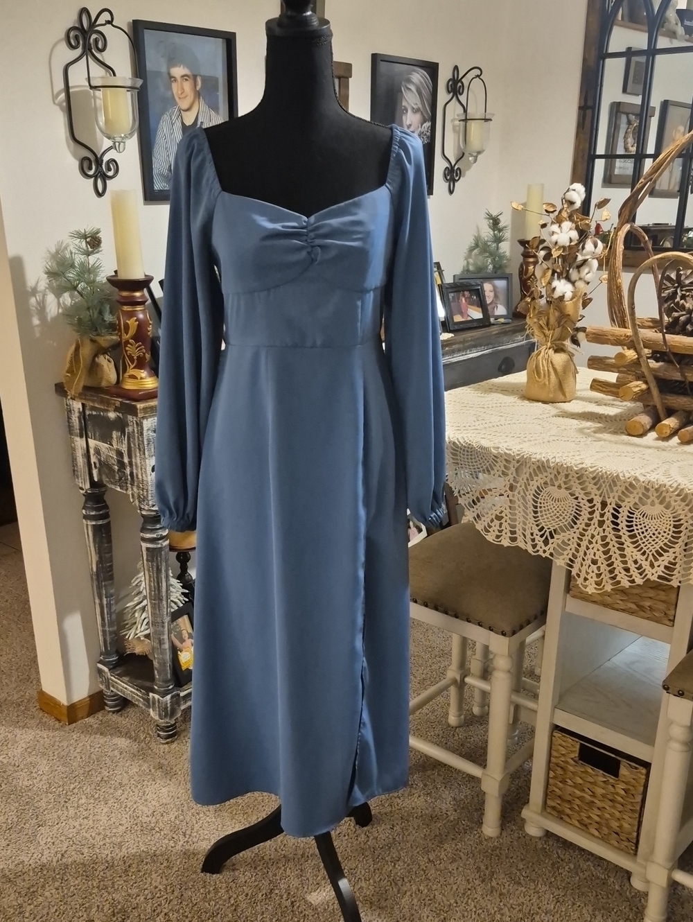 Cider Dusty Blue Long Sleeve Midi Dress